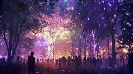 A crowd of individuals gathered around a forest area, filled with bursting fireworks, creating a vibrant and dazzling display. - Powered by Adobe
