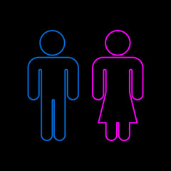 Icon featuring neon WC icons, male blue and female pink on a black background