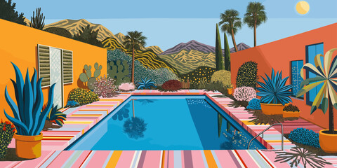 "Colorful desert oasis with a vibrant swimming pool and lush garden against a backdrop of mountains