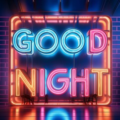 neon casino sign.a captivating 3D render of the phrase "Good Night" fashioned in neon lights, glowing in the dark with a mesmerizing blend of pink and blue hues. The neon lights should emit a soft and