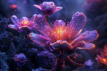 Fototapeta premium Illustrate a digital 3D landscape where metallic plants bloom under a neon sky, powered by robotic bees Embrace the surreal by infusing elements of wonder and innovation.