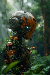 Explore unexpected camera angles in a robotic jungle landscape Envision sleek metal fauna, crafted with precision, hidden in the shadows, waiting to be captured in a fusion of art and innovation