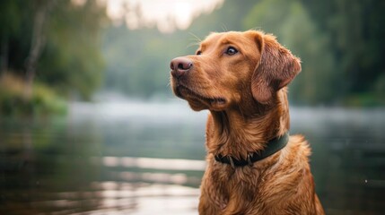 Serene Canine: A Dog's Nature Walk Adventure with Thoughtful Pet Gazing at the Horizon on a Hiking Trail by the Lake