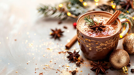 Cup of hot cacao drink with Christmas decorations 