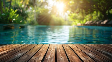 Wooden deck empty, with a shimmering swimming pool and tropical trees blurred in the background, bathed in sunlight.