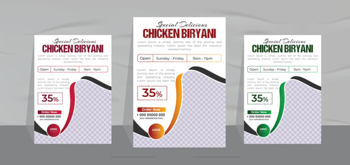 delicious chicken biryani flyer design and restaurant food menu template