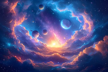 Obraz premium Majestic Cosmic Spectacle A Celestial Panorama of Swirling Planets and Luminous Nebulae