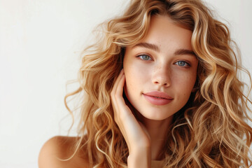 Naklejka premium Portrait of a blond Woman with Radiant Skin and beautiful hair on White Background