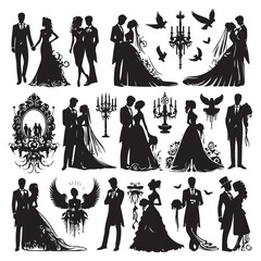 Silhouette set of wedding couples