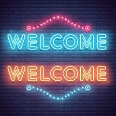 welcome to city sign.a series of mockups presenting the word "Welcome" rendered in neon lights with pink and blue coloring, suitable for installation in various indoor and outdoor settings. The mockup