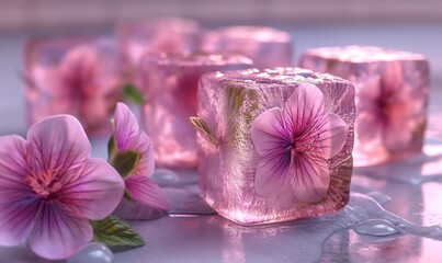 Ice cubes with flowers on an abstract background.