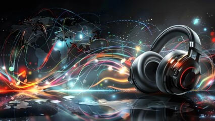 Vibrant Abstract Music Banner Featuring Headphones, Instruments, and World Map Design. Concept Abstract Music, Vibrant Banner, Headphones, Instruments, World Map Design