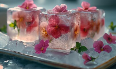 Ice cubes with flowers on an abstract background.