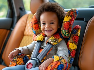 Vibrant Playful Toddler in Secure Car Booster Seat with Dynamic Graphic Design