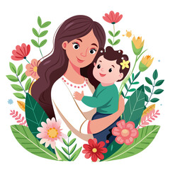 Mother's loving embrace of her precious baby against a backdrop of whimsical flowers