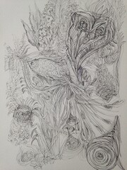 hand drawn background with fishes and flowers