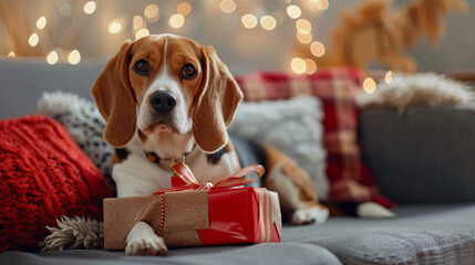 Cute Beagle dog with Christmas gift on sofa at home