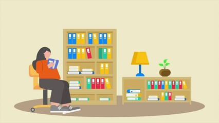 Animated video library concept. Full length animation illustration. High quality 4k footage