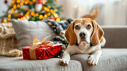 Cute Beagle dog with Christmas gift on sofa at home
