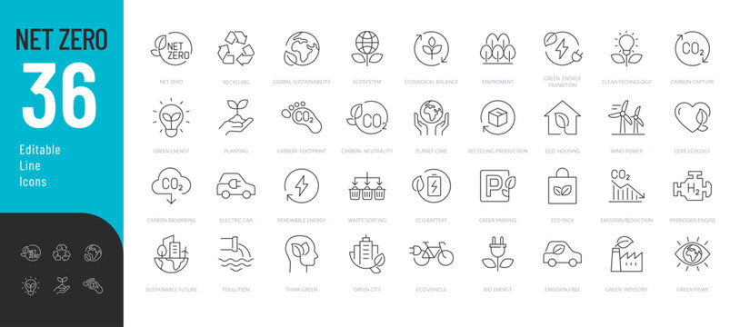 Net Zero Line Editable Icons set. Vector illustration in modern thin line style of ecology related icons: recycling, carbon absorbing, green energy, and more. Isolated on white.