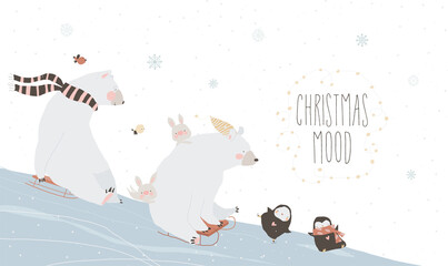 Cute Funny Polar Bears with Rabbits and Penguins enjoying Winter. Vector Illustration