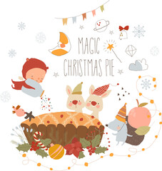 Cute Animals with Little Angel baking Magic Christmas Pie. Vector Illustration