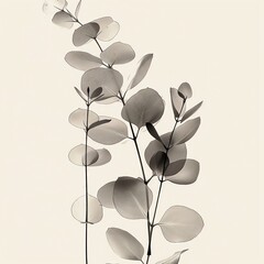 A black and white drawing of eucalyptus leaves on a beige background.