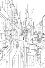 A black and white line drawing of a futuristic city with tall buildings and skyscrapers