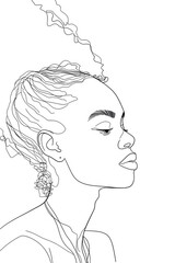 A line drawing of a woman's face in profile. The woman is looking to the right of the frame. She has long, curly hair that is pulled back in a bun. She is wearing a simple dress with a high collar. Th