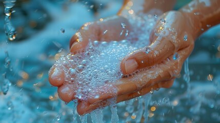 Fototapeta premium Hand washing under running water, soap bubbles sliding, close up, hygiene in action, clear detail 