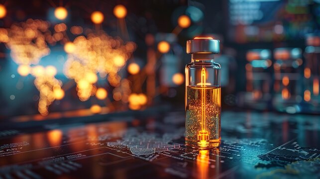 Vaccine vial with world map background, global immunity, close up, hopeful glow 9f