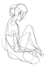 A single line drawing of a woman sitting with her knees pulled to her chest.
