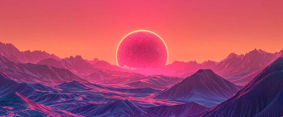 Design an AI-generated digital artwork featuring a celestial phenomenon against a vibrant sunset...