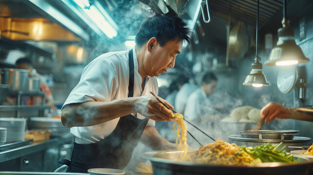 Adult male chef cook, making noodles ramen in the kitchen of an Asian traditional cuisine restaurant. Senior man 65 or 70 years old.