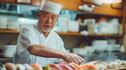 Chef at a traditional Japanese restaurant prepares sushi and fresh fish food. Senior man 70 or 80 years old.