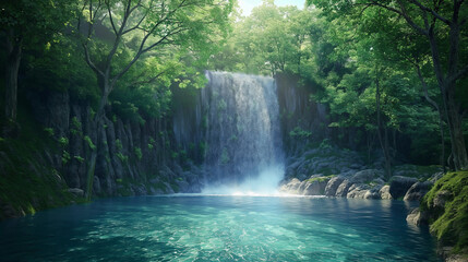 A majestic waterfall cascading down rocky cliffs into a crystal-clear pool surrounded by lush forest