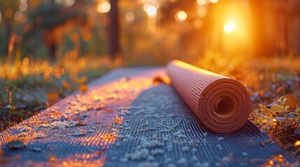 Yoga mat rolled out, symbol of balance, close up, personal retreat, soft dawn light