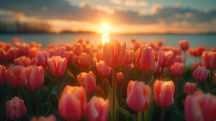 Closeup orange flower with green leaf background in tulip field at winter or spring day for postcard beauty decoration, generative ai