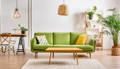 Wooden table in front of green couch in spacious living room interior with plants and lamps. Real photo