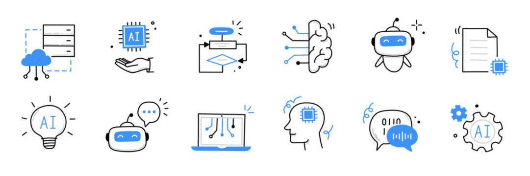 Artificial ai brain icon. Ai machine digital robot hand drawn doodle line icon. Artificial brain algorithm machine science concept. Hand drawn sketch style cute blue line. Vector illustration