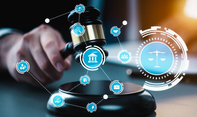 Smart law, legal advice icons and lawyer working tools in the lawyers office showing concept of digital law and online technology of savvy law and regulations . - obrazy, fototapety, plakaty