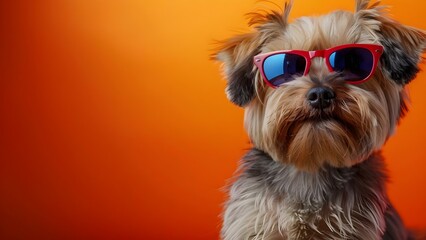 Stylish Lowchen Dog Wearing Sunglasses on Orange Background: Trendy Pet Photography Concept. Concept Pet Fashion, Studio Photography, Creative Concepts, Stylish Accessories