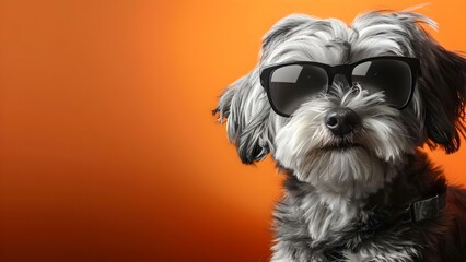 Lowchen Dog in Sunglasses: A Portrait Against an Orange Background with Breed Details. Concept Dog Photography, Pet Portraits, Sunglasses Accessories, Lowchen Breed, Orange Background