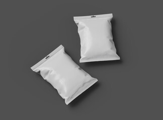 Realistic 3d rendered package for food snack, chips, cookies, peanuts, candy on a dark background