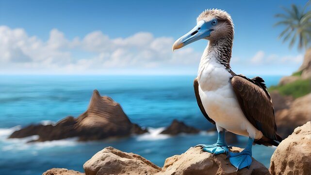 "Blue-footed booby standing on a rocky shore, Isla Isabel, Mexico. Digital Illustration depicting a vibrant, realistic scene inspired by nature photography from National Geographic. The booby should b