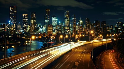 Obraz premium A photograph of a city at night from the road view 