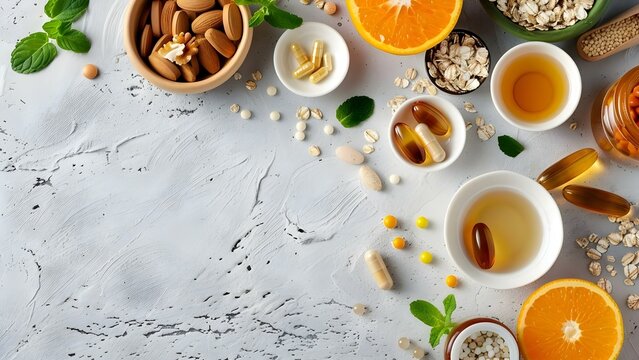 Diverse dietary supplements for health and beauty including collagen vitamins and protein . Concept Nutritional Supplements, Collagen Vitamins, Protein Powders, Beauty Boosters