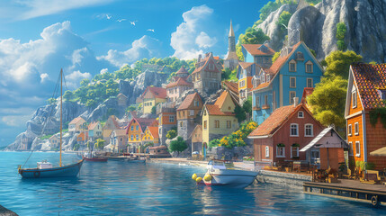 Obraz premium A picturesque seaside village with colorful houses clustered around a quaint harbor and fishing boats.