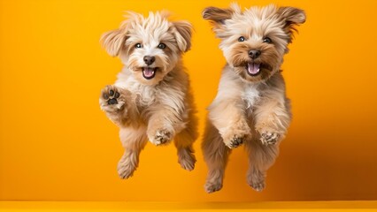 Two Lowchen dogs jumping against a yellow background showcasing cuteness overload. Concept Pet Photography, Cute Dogs, Joyful Portraits, Yellow Background, Playful Poses