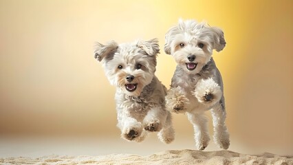 Two Lowchen dogs jumping against a yellow background in a symmetrical composition. Concept Pets, Dogs, Indoor Photoshoot, Jumping, Symmetrical Composition